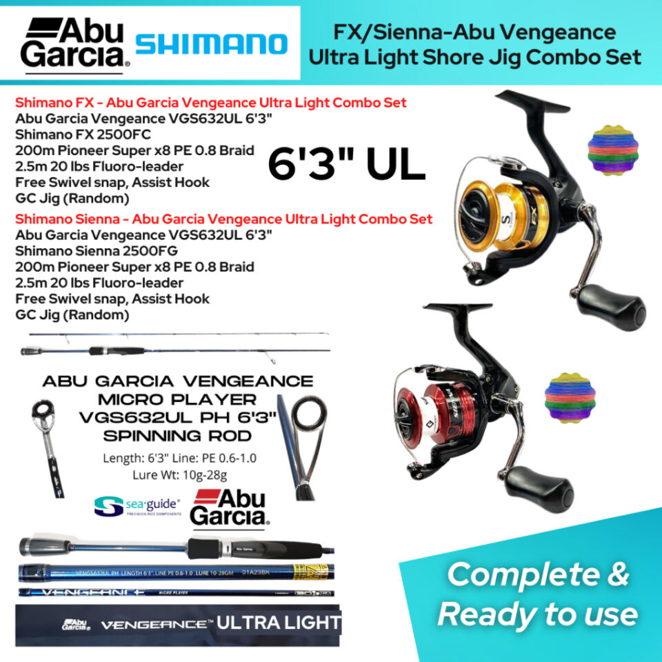 Shimano Abu Garcia Vengeance UL Ultra Light 6’3 6ft 3in Shore Jigging Casting Combo Set Fishing