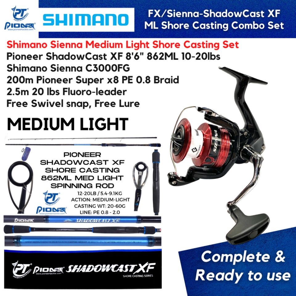 Shimano SIENNA / FX + PIONEER SHADOW CAST XF MEDIUM LIGHT 8ft 6in Shore Casting Combo Set