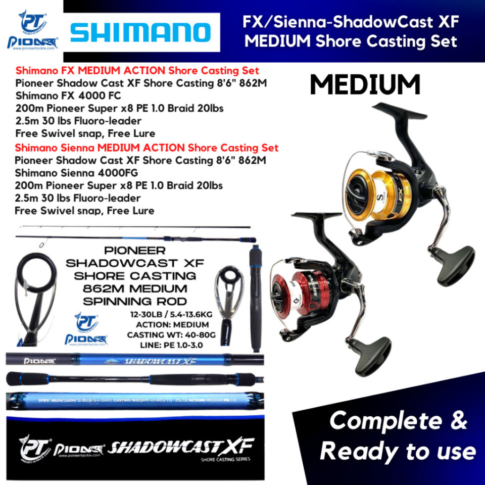 Shimano SIENNA / FX 4000 + PIONEER SHADOW CAST XF MEDIUM ACTION 8ft 6in Shore Casting Combo Set