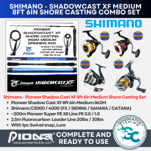 Shimano SIENNA  FX CATANA SAHARA C3000 OR 4000 + PIONEER SHADOW CAST XF MEDIUM ACTION 8ft 6in Shore Casting Combo Set