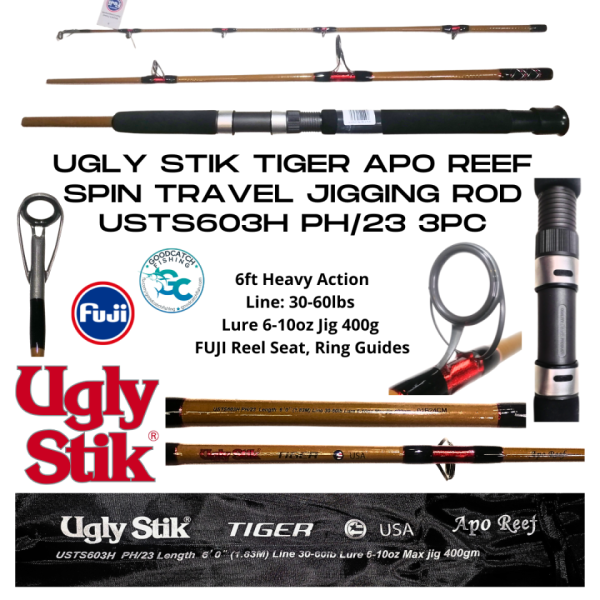 Ugly Stik Tiger Apo Reef Spin Travel Jigging Rod USTS603H 3pc 6ft Heavy Action