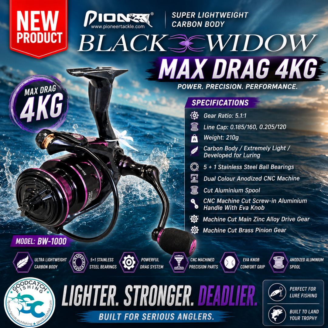 Pioneer BLACK WIDOW Spin Fishing Reel BW-1000 SUPER LIGHTWEIGHT CARBON BODY
