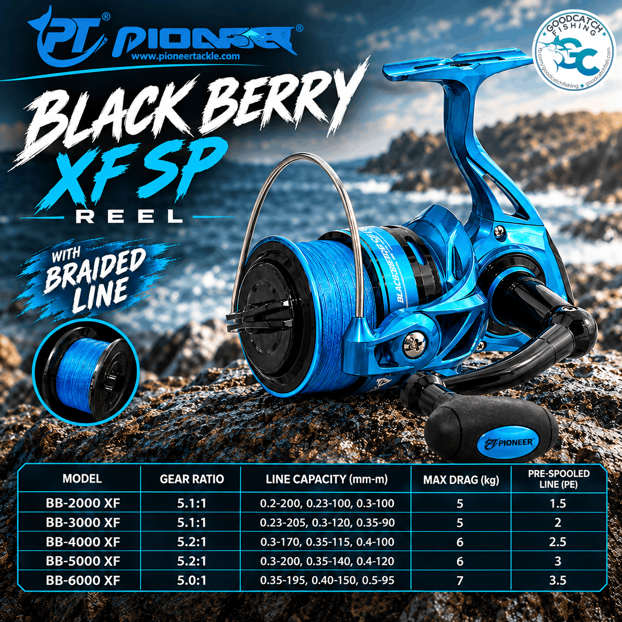 Pioneer Black Berry XF Spinning Reel 2000 3000 4000 5000 6000 Series with Free Braid Line
