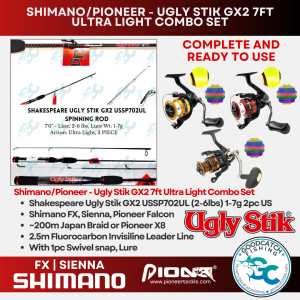 SHIMANO FX SIENNA PIONEER FALCON ULUA ELITE + UGLY STIK GX2 7ft 2pc Ultra Light UL Casting Combo Set