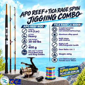 Apo Reef Spin  Jigging Rod USTS603H 3pc 6ft Heavy Action+ Tica Rage EA LA 8000 Spinning Combo set